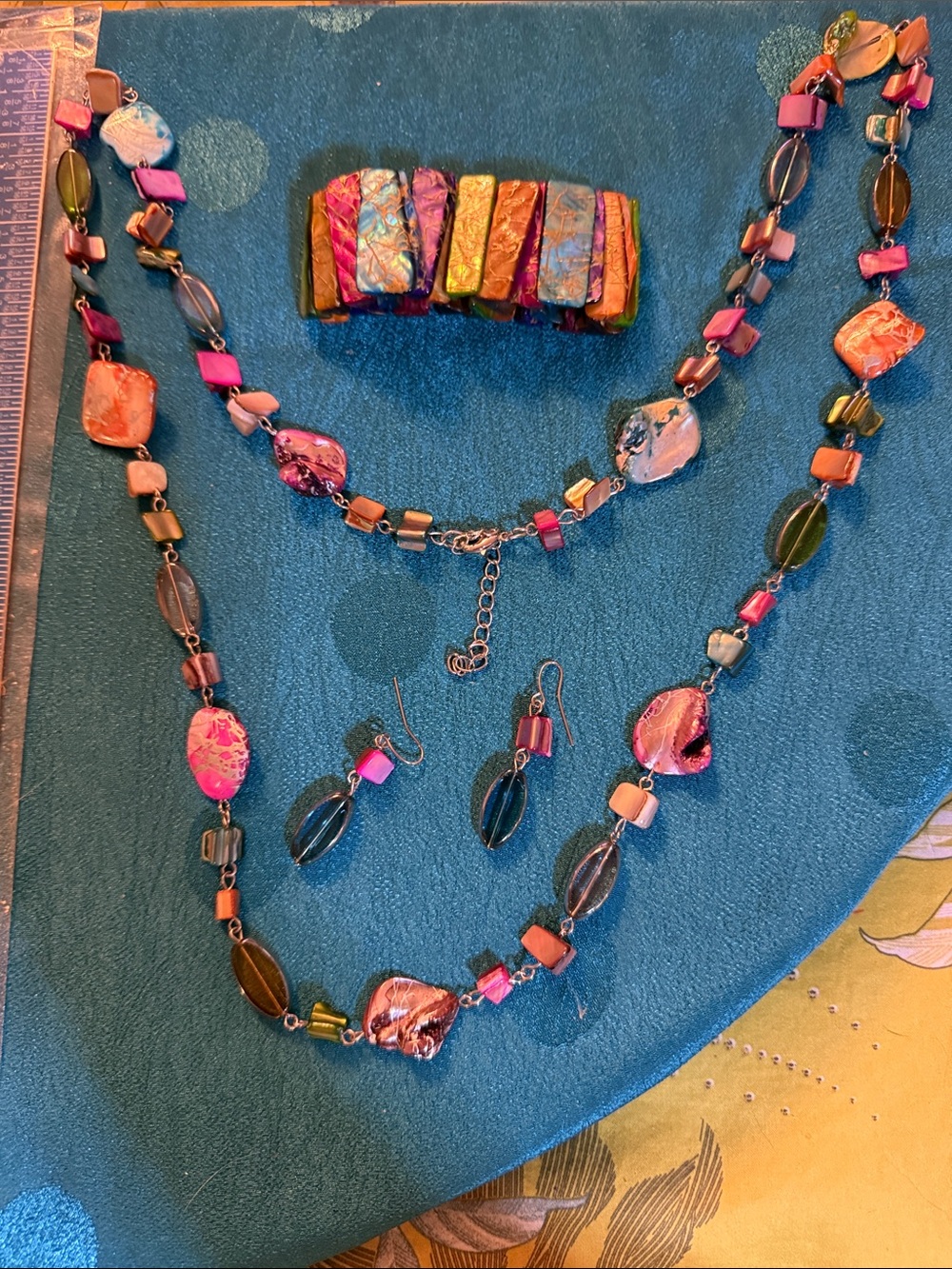 Multicolor Pink & Green MOP Necklace Set with Matching Bracelet and Earrings